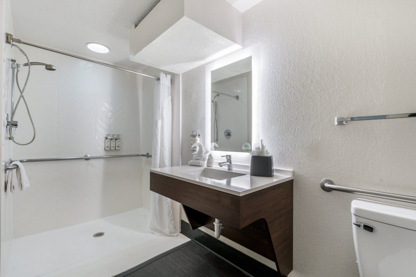 Modern bathroom featuring a walk-in shower, vanity with sink, and grab bars.