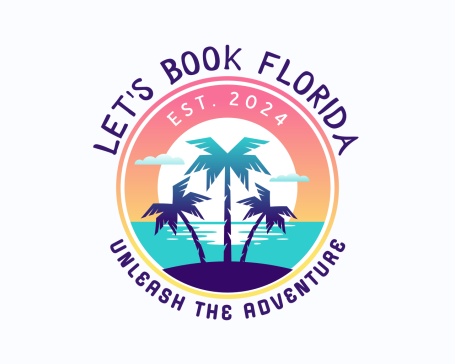 Logo for "Let's Book Florida" featuring palm trees and a sunset, established 2024.