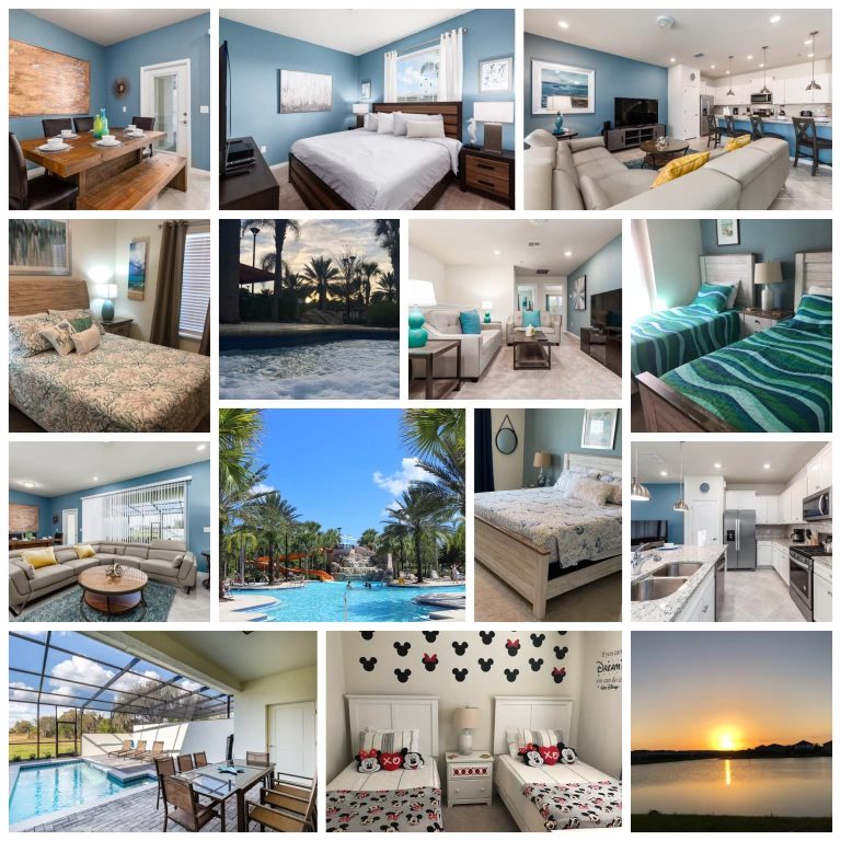 Collage of a modern holiday home featuring bedrooms, living areas, pool, and outdoor spaces.
