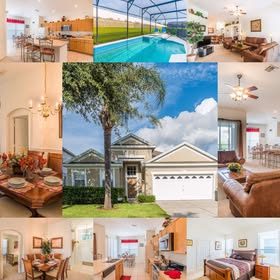 Collage of a modern home featuring the kitchen, living room, pool, and exterior views.