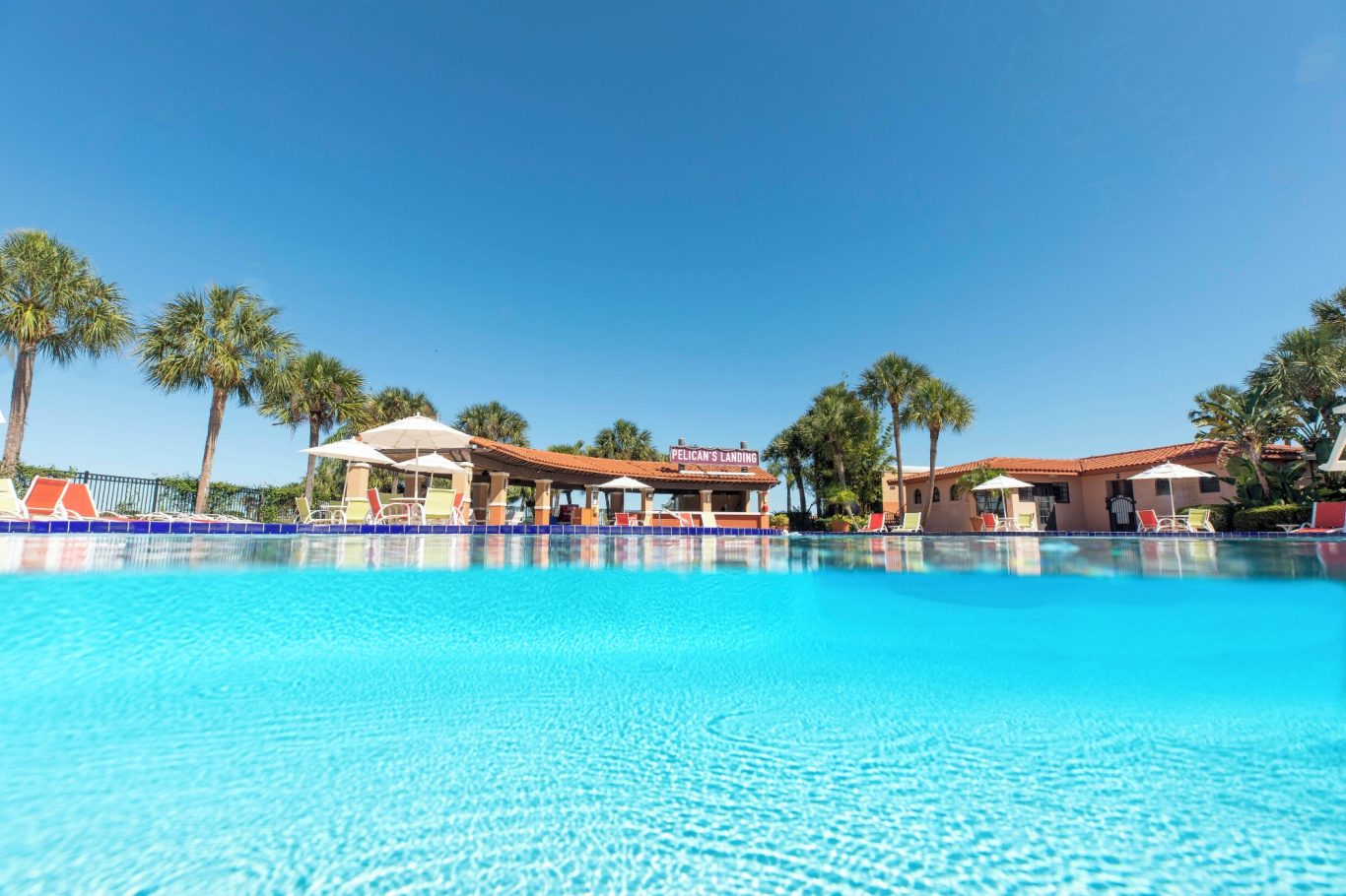 Clear blue swimming pool with palm trees and resort buildings in the background.