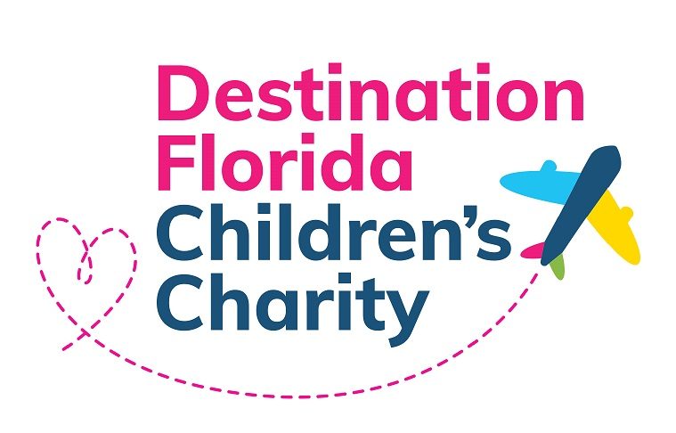 Logo for Destination Florida Children's Charity with colourful text and an airplane icon.