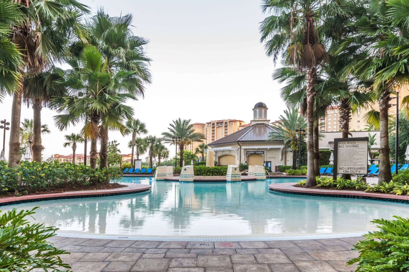 Serene swimming pool surrounded by palm trees and landscaped gardens.