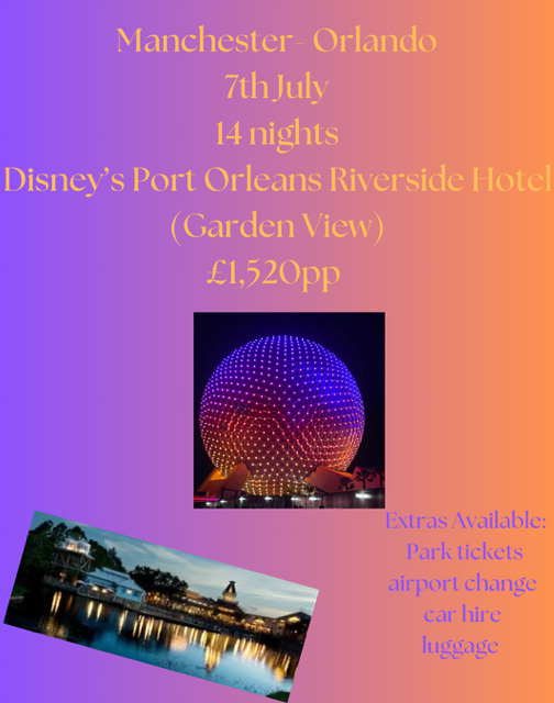 Holiday advert for Disney's Port Orleans hotel, featuring Manchester departure details.