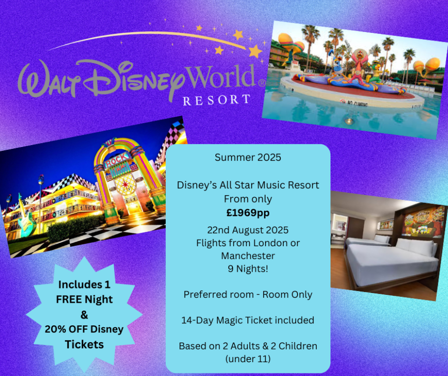 Promotional flyer for Disneyworld's summer 2025 deal including stays and Disney tickets.