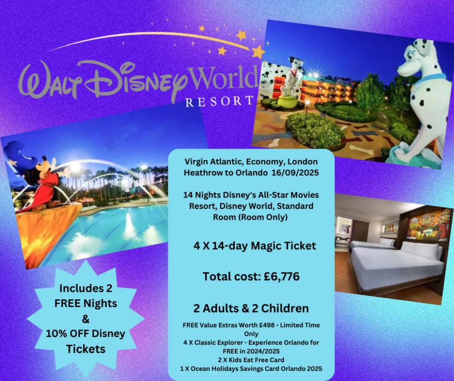Promotional flyer for Walt Disney World Resort offering accommodation and tickets.