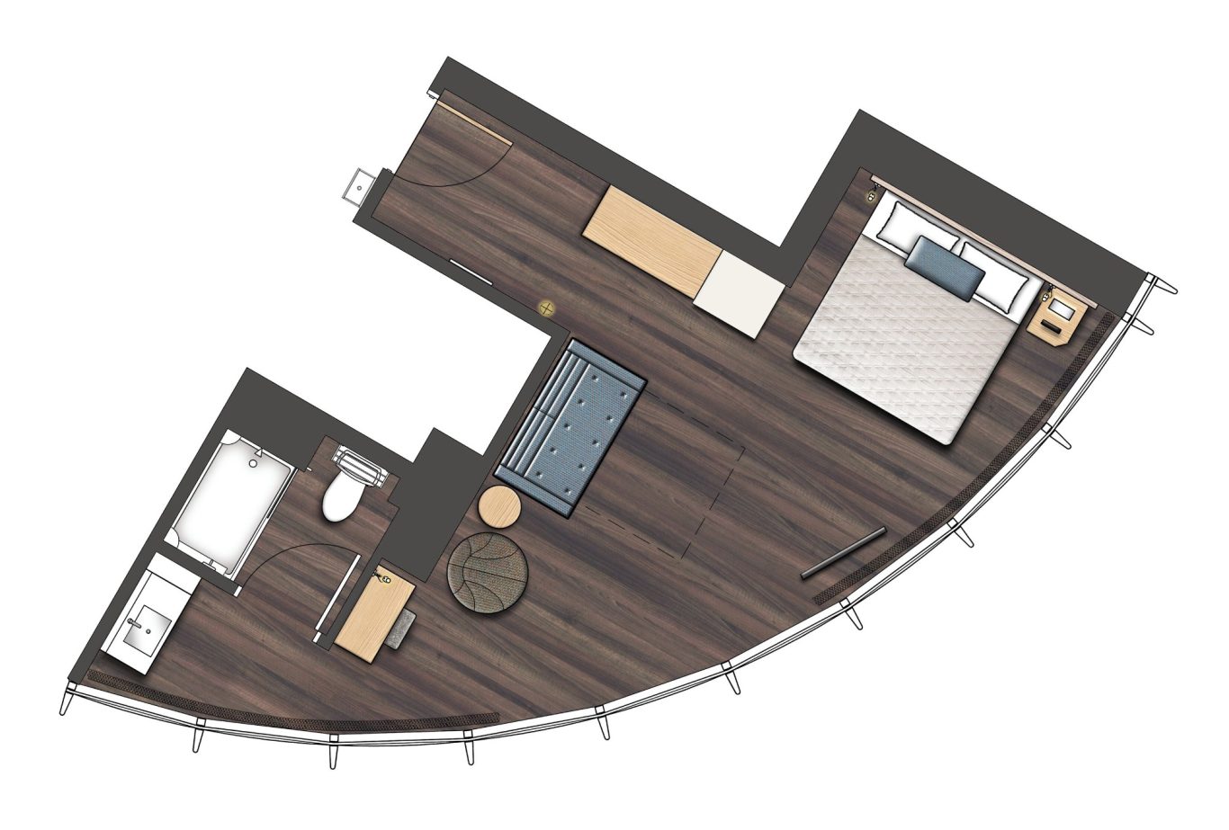 Floor plan of a modern curved studio apartment with kitchen, living area, and bedroom.