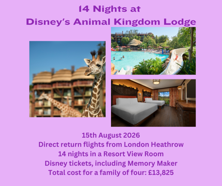 Promotion for 14 nights at Disney’s Animal Kingdom Lodge with flight and ticket details.