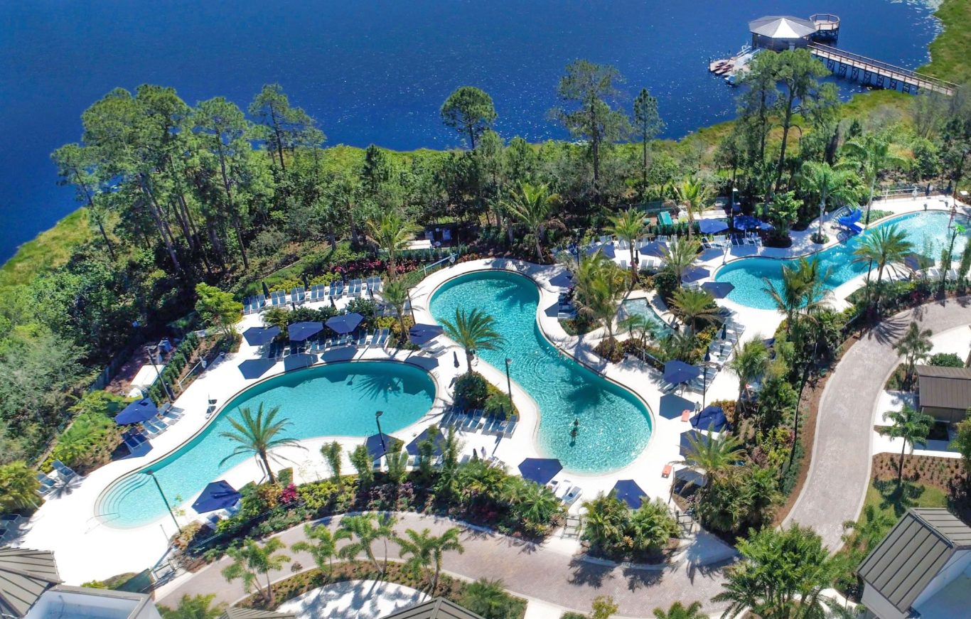 Aerial view of a luxurious pool area surrounded by greenery and water.