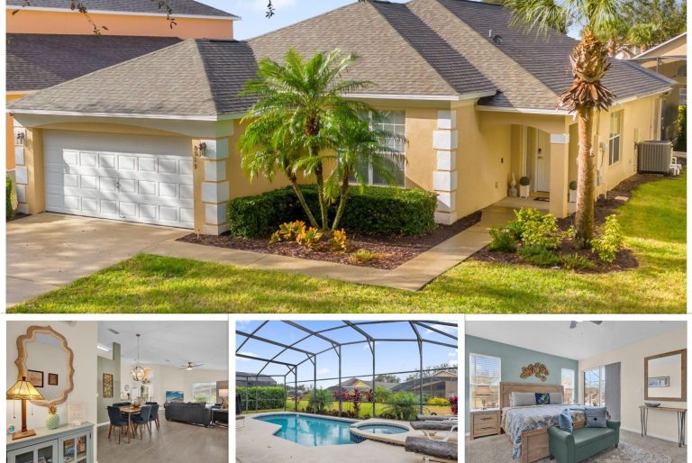 Bungalow with a pool, surrounded by greenery, featuring a garage and modern interior spaces.