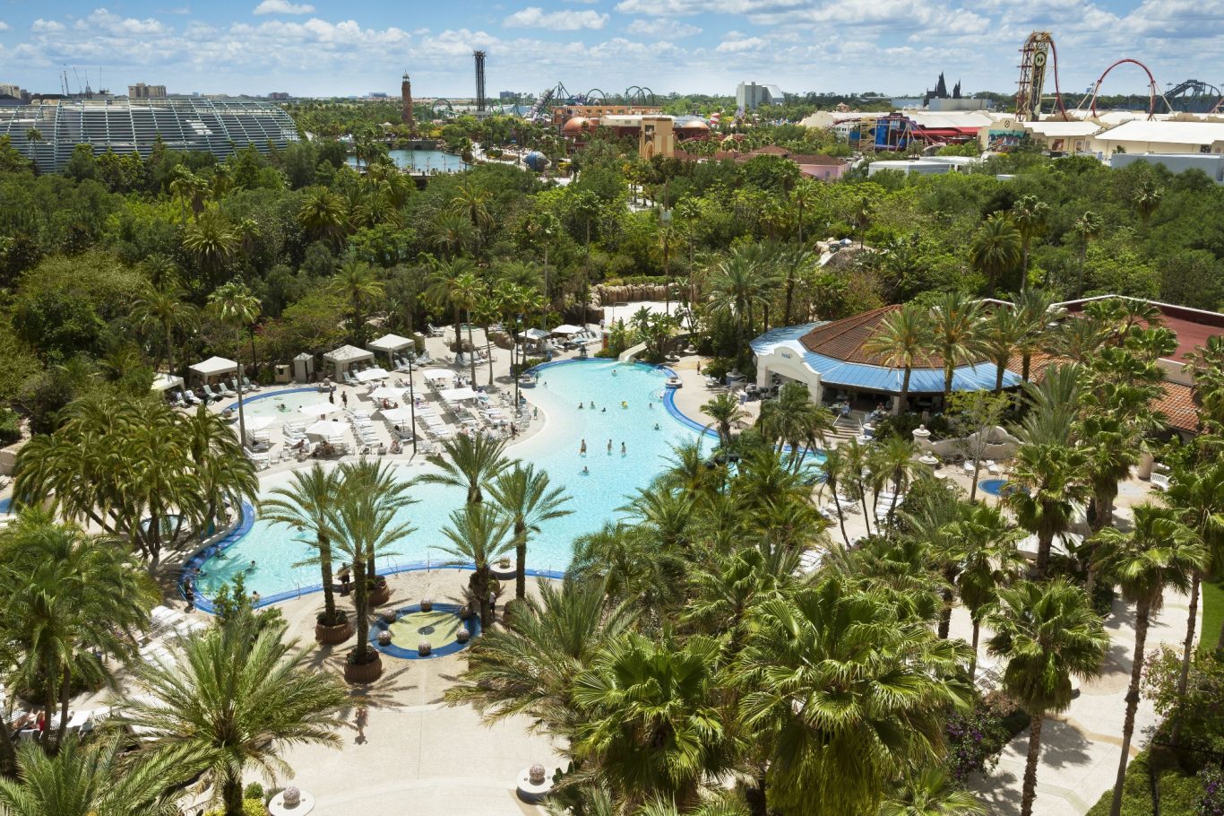 Aerial view of a resort pool area surrounded by palm trees and lounge chairs.