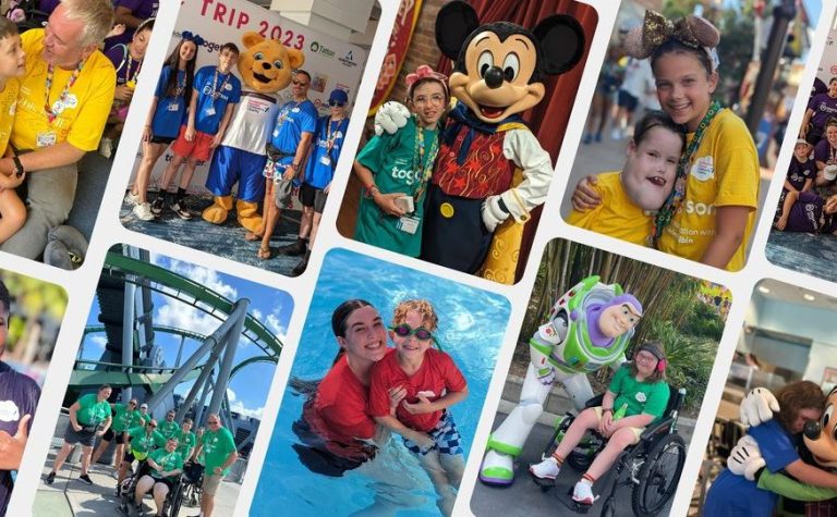 Collage of children with characters at a theme park, enjoying rides and activities.
