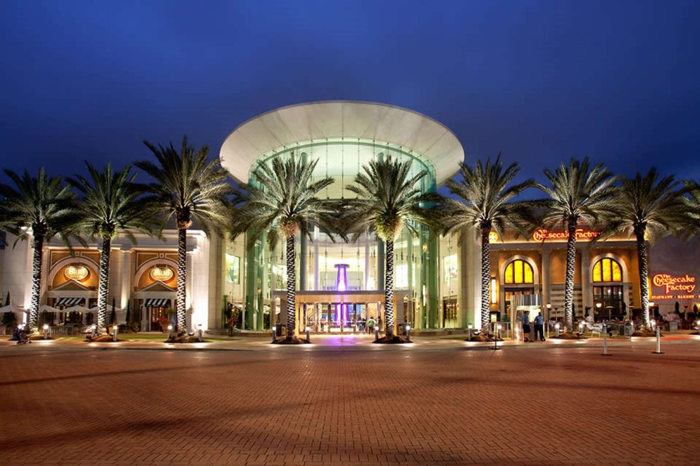 Modern building entrance surrounded by palm trees, illuminated at night.