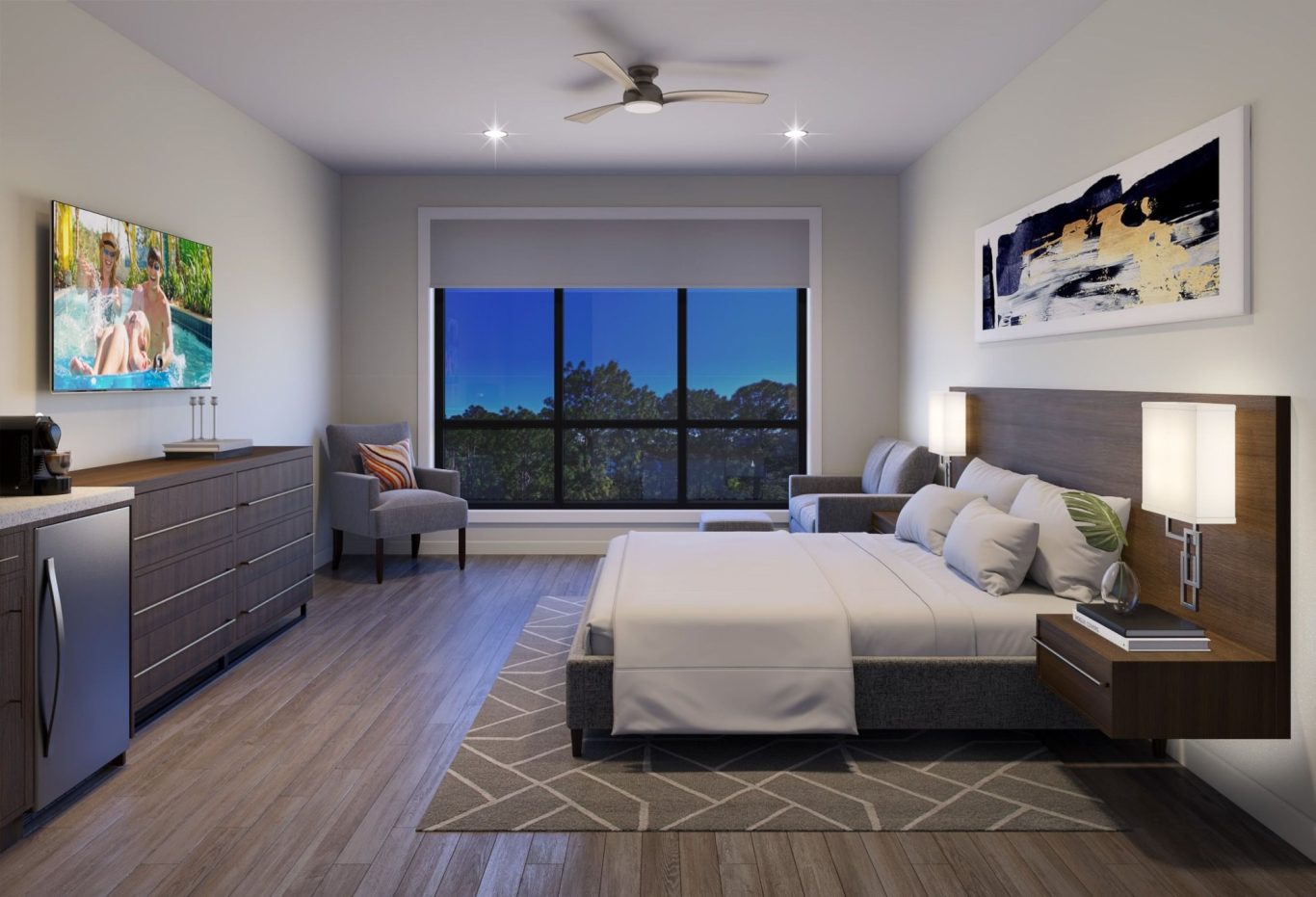 Modern hotel room with a queen bed, TV, and large window overlooking a night scene.