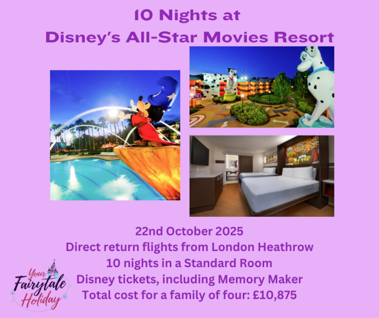 Promotion for IO Nights at Disney's All-Star Movies Resort with travel details and costs.