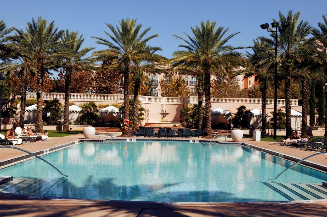 Outdoor swimming pool surrounded by palm trees and lounge chairs.