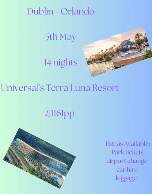 A travel advertisement for a trip from Dublin to Orlando, highlighting Universal's Terra Luna Resort.