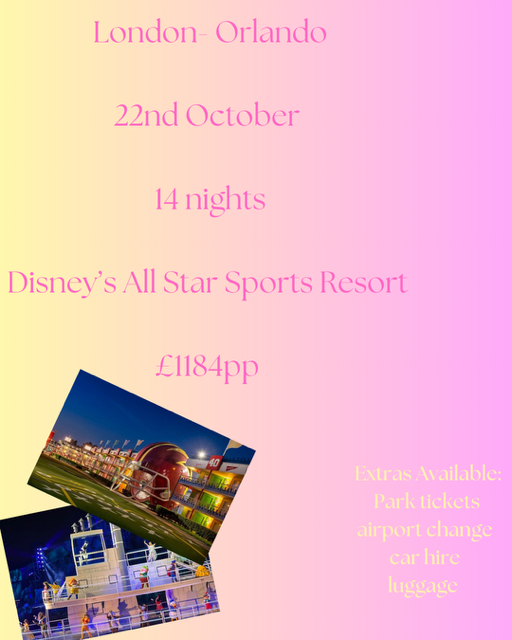 Promotional flyer for a trip to Disney's All-Star Sports Resort in Orlando from London.