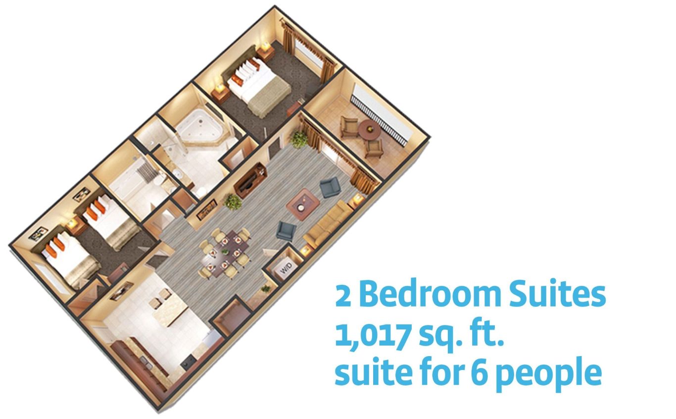 Floor plan of a 2-bedroom suite, 1,017 sq. ft., accommodating 6 people.