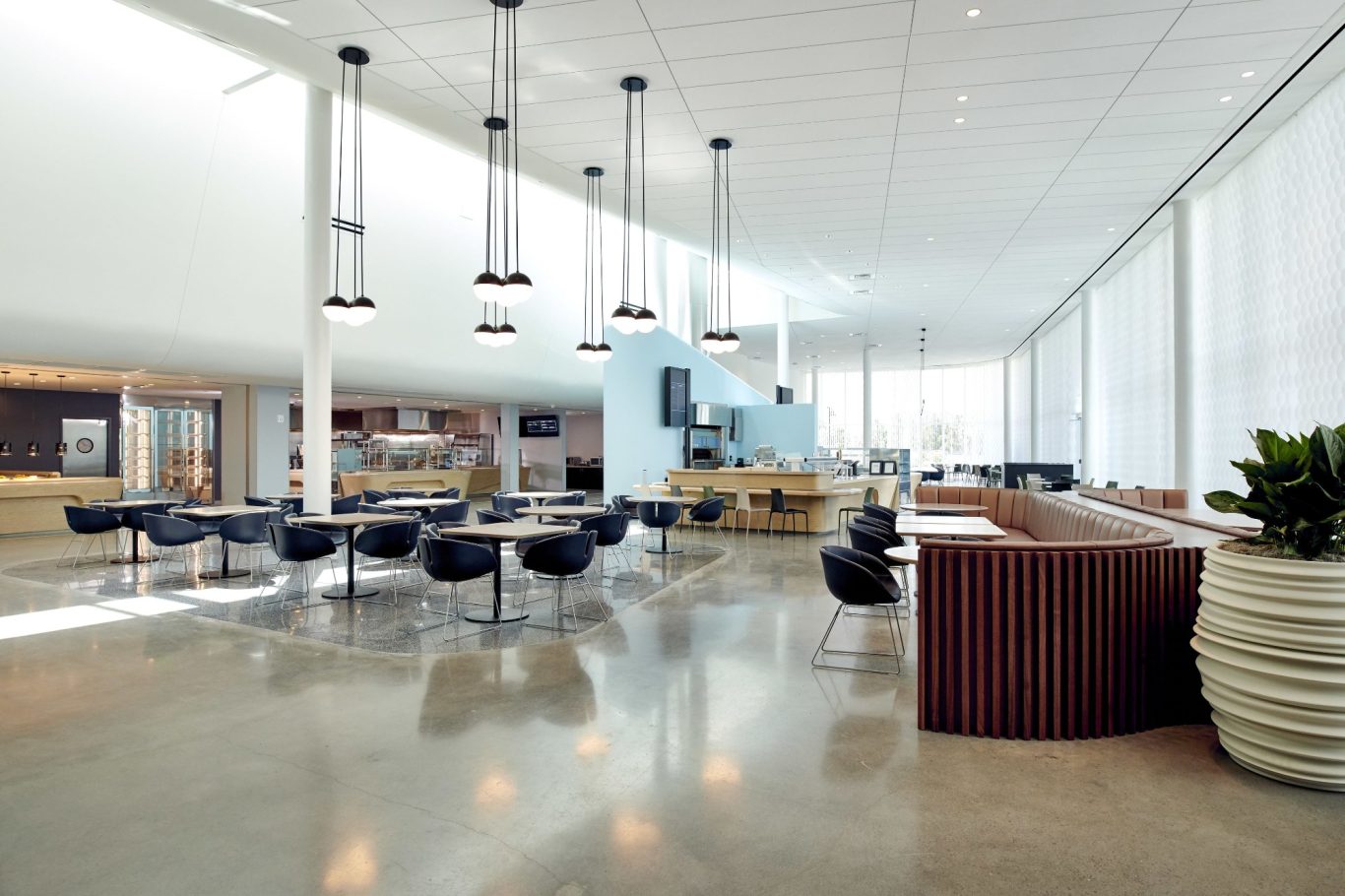 Modern café interior with minimalist seating and pendant lighting, featuring large windows.