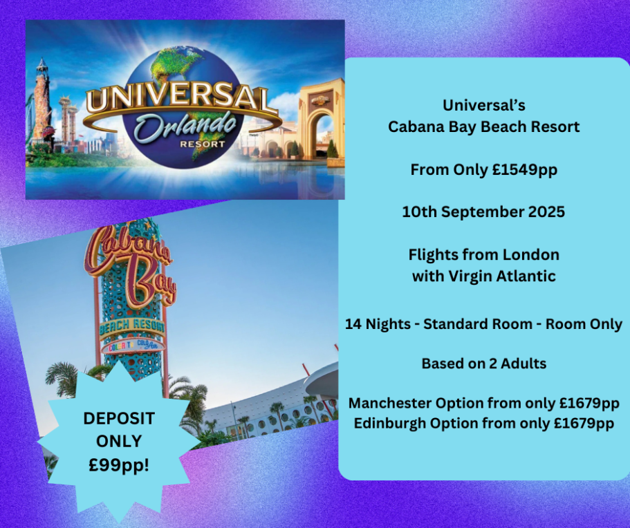 Promo for Universal's Cabana Bay Beach Resort, offering deals for a stay in September 2025.