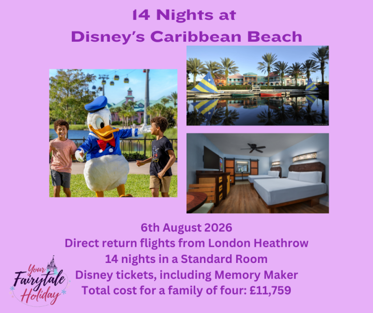 Promotion for a Disney Caribbean Beach holiday, featuring flights, accommodation, and tickets.
