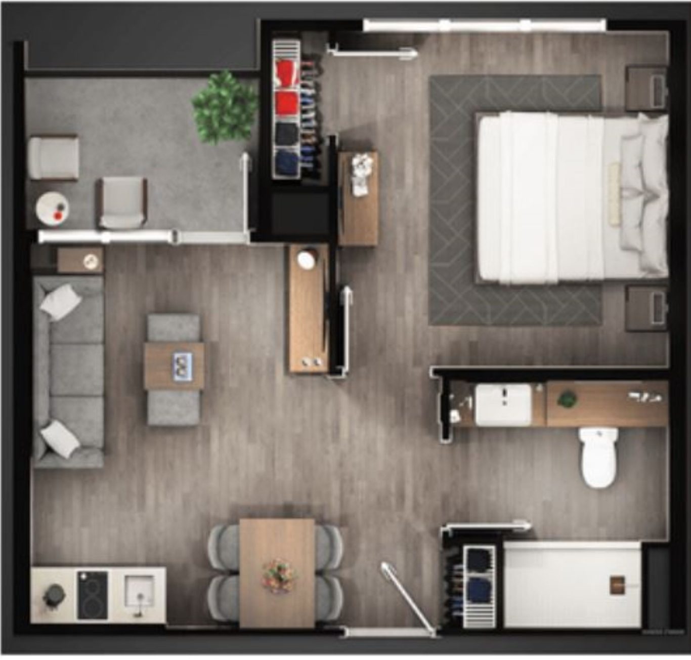 Layout of a compact apartment featuring a living area, bedroom, kitchen, and bathroom.