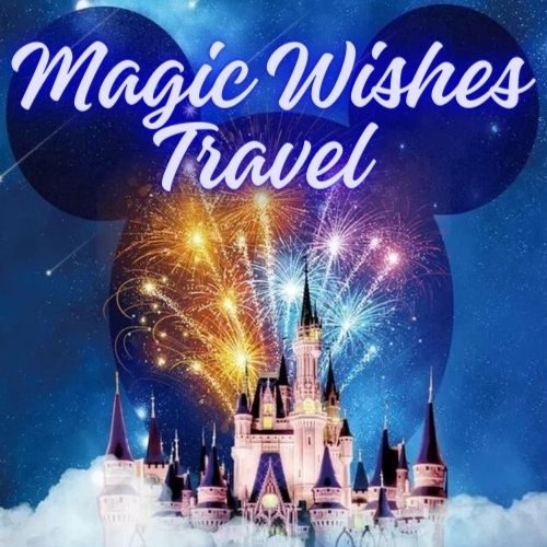 Logo for Magic Wishes Travel featuring a castle and fireworks with Mickey Mouse ears backdrop.
