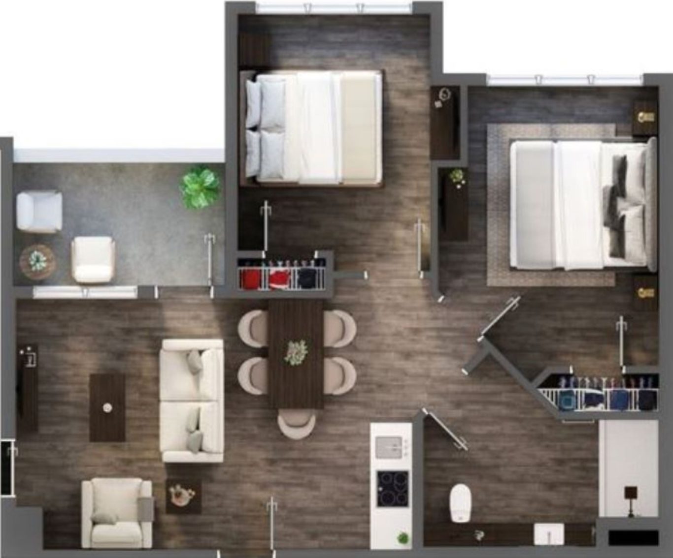 Layout of a modern two-bedroom apartment with living and dining areas.