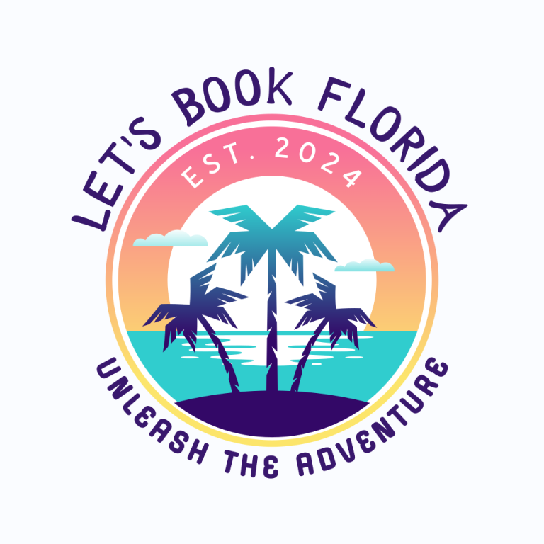 Logo featuring palm trees, a sunset, and the text "Let's Book Florida, Unleash the Adventures".