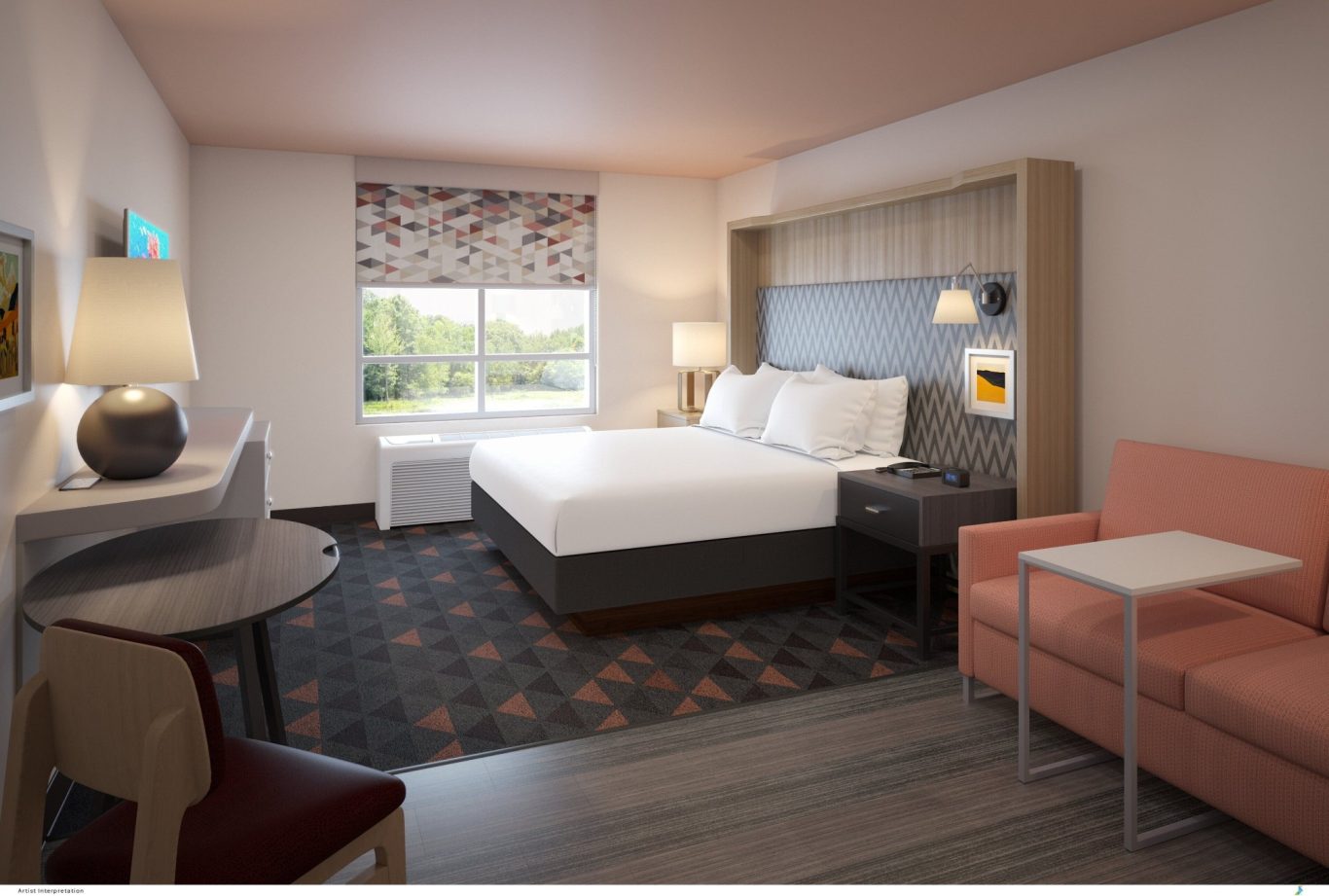 Modern hotel room with a double bed, seating area, and large window providing natural light.
